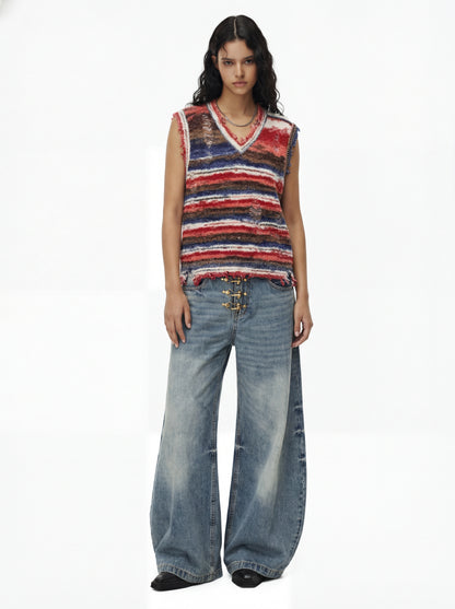 Frayed Edge Striped V Neck Knit Vest