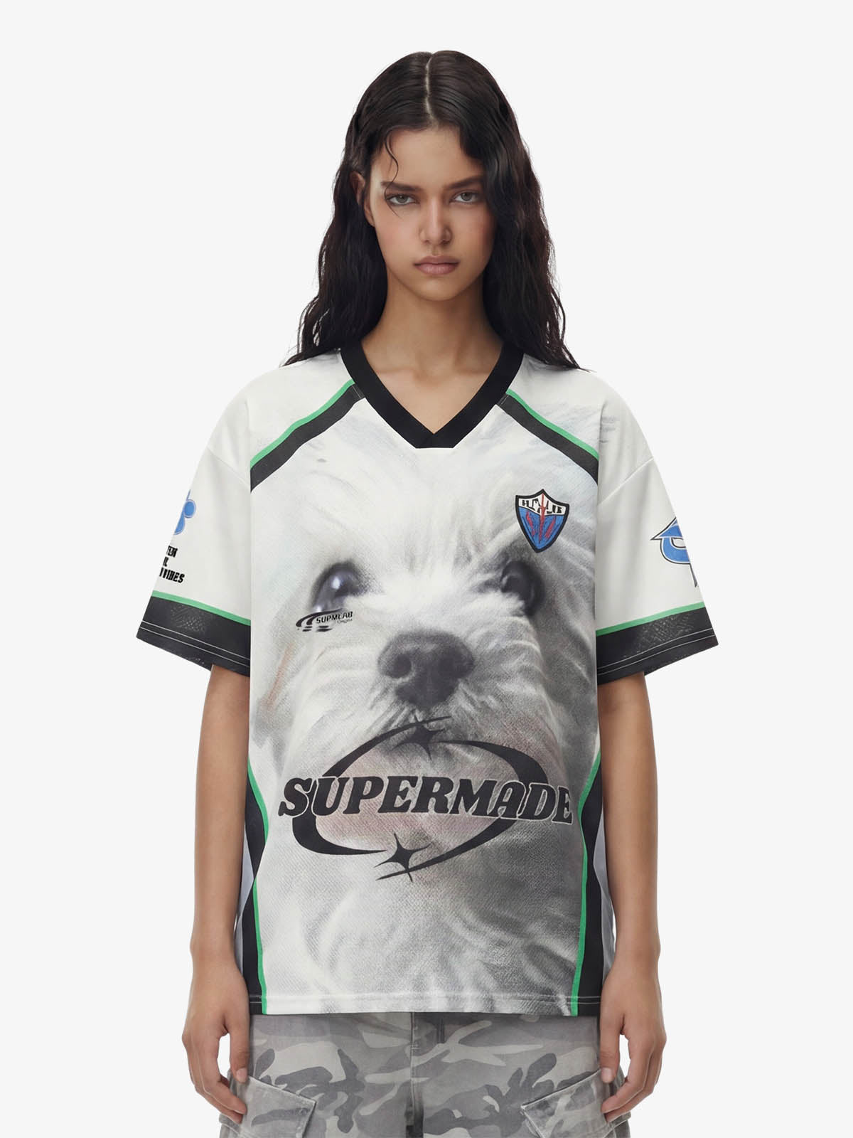 Dog Graphic Patchwork Color-Block V-Neck Jersey T-Shirt