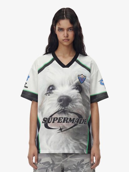 Dog Graphic Patchwork Color-Block V-Neck Jersey T-Shirt