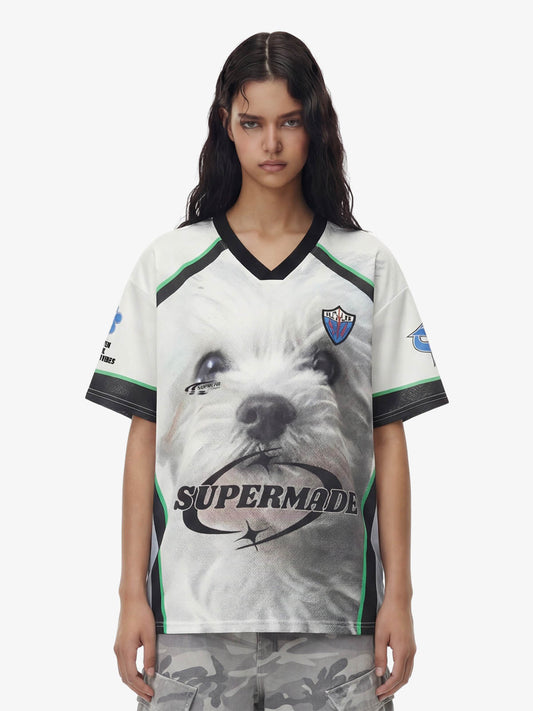 Dog Graphic Patchwork Color-Block V-Neck Jersey T-Shirt