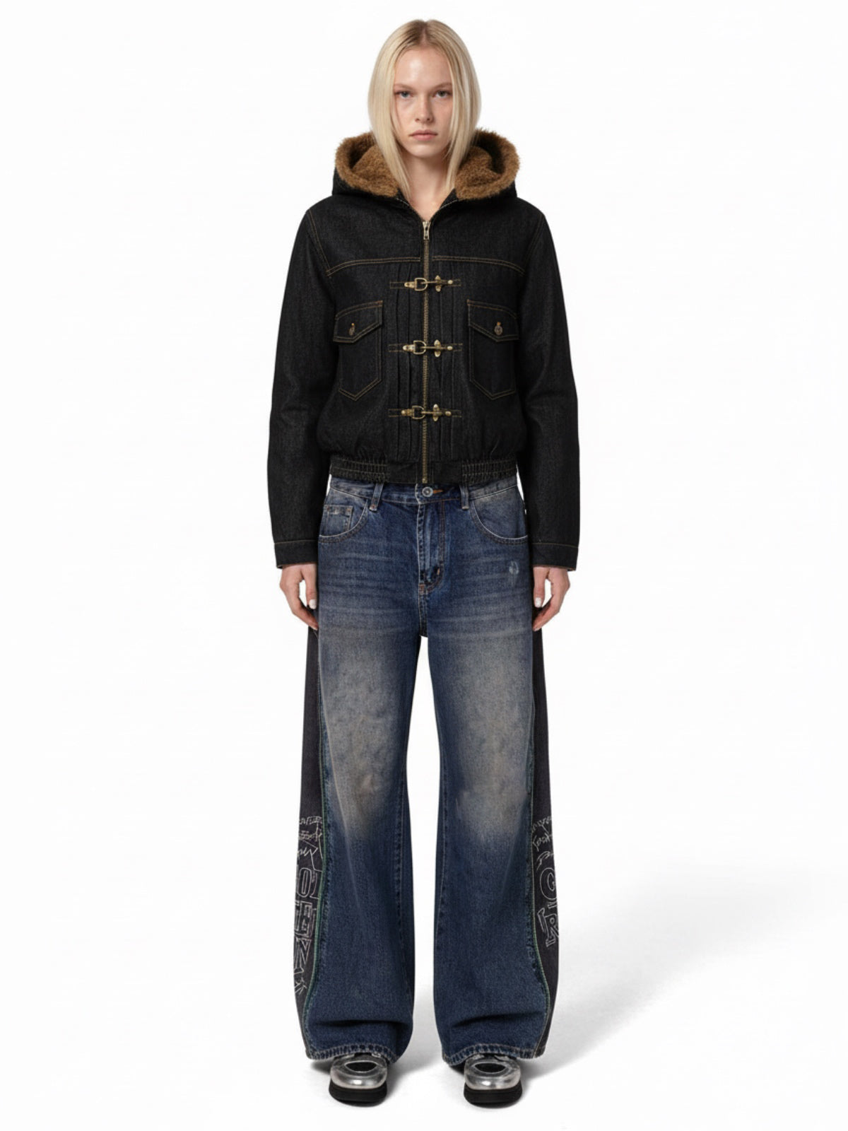 Vintage Denim Mental Buckle Faux Fur Lined Hoodie Jacket