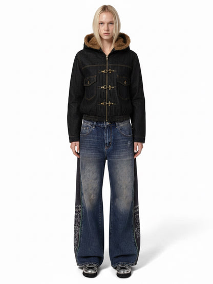 Vintage Denim Mental Buckle Faux Fur Lined Hoodie Jacket