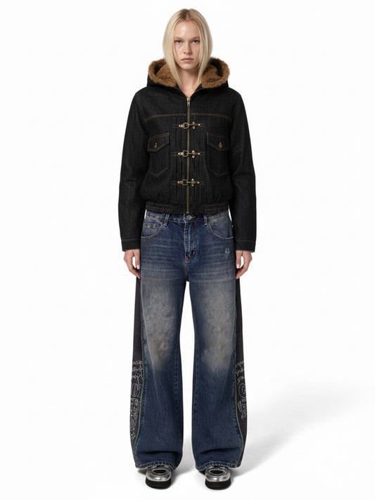 Vintage Denim Mental Buckle Faux Fur Lined Hoodie Jacket