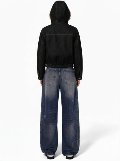 Vintage Denim Mental Buckle Faux Fur Lined Hoodie Jacket