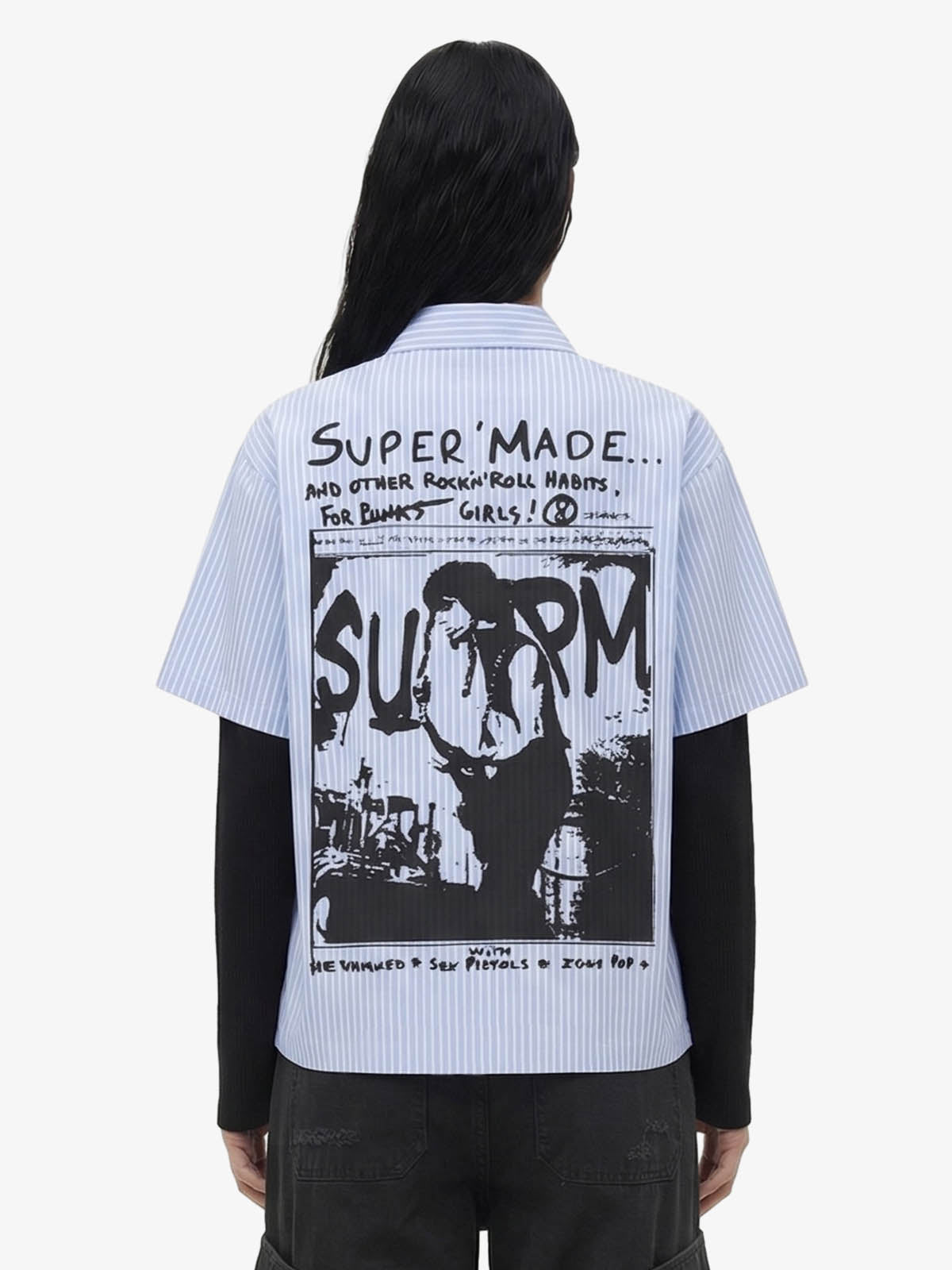 Vintage Illustration Striped Faux Two-Piece Shirt