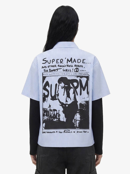 Vintage Illustration Striped Faux Two-Piece Shirt