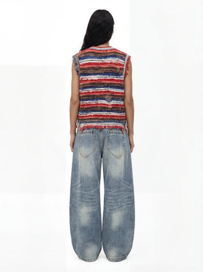 Frayed Edge Striped V Neck Knit Vest