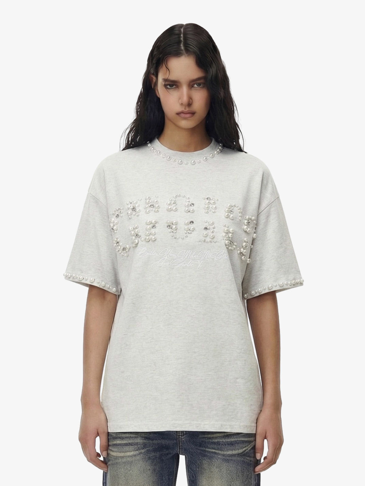 Elegant Pearl-Embellished Oversized T-Shirt