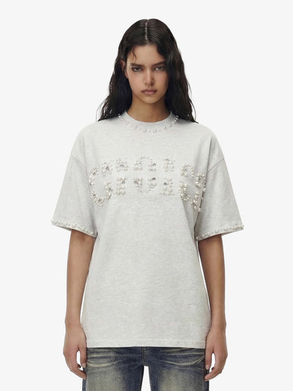 Elegant Pearl-Embellished Oversized T-Shirt