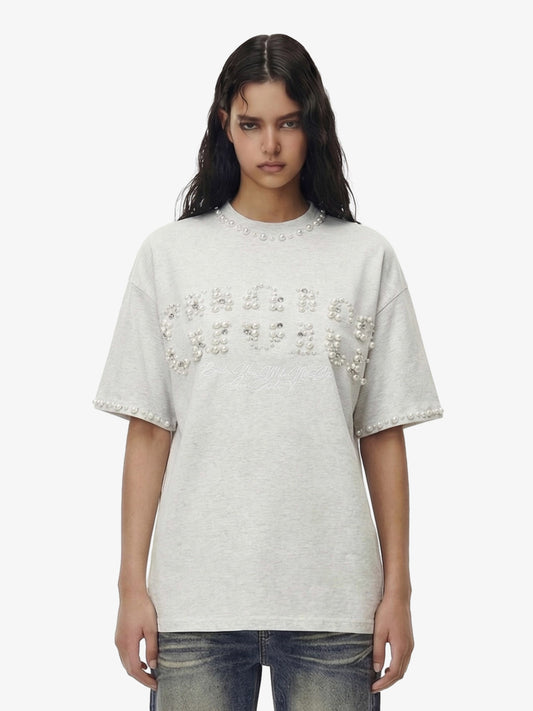 Elegant Pearl-Embellished Oversized T-Shirt