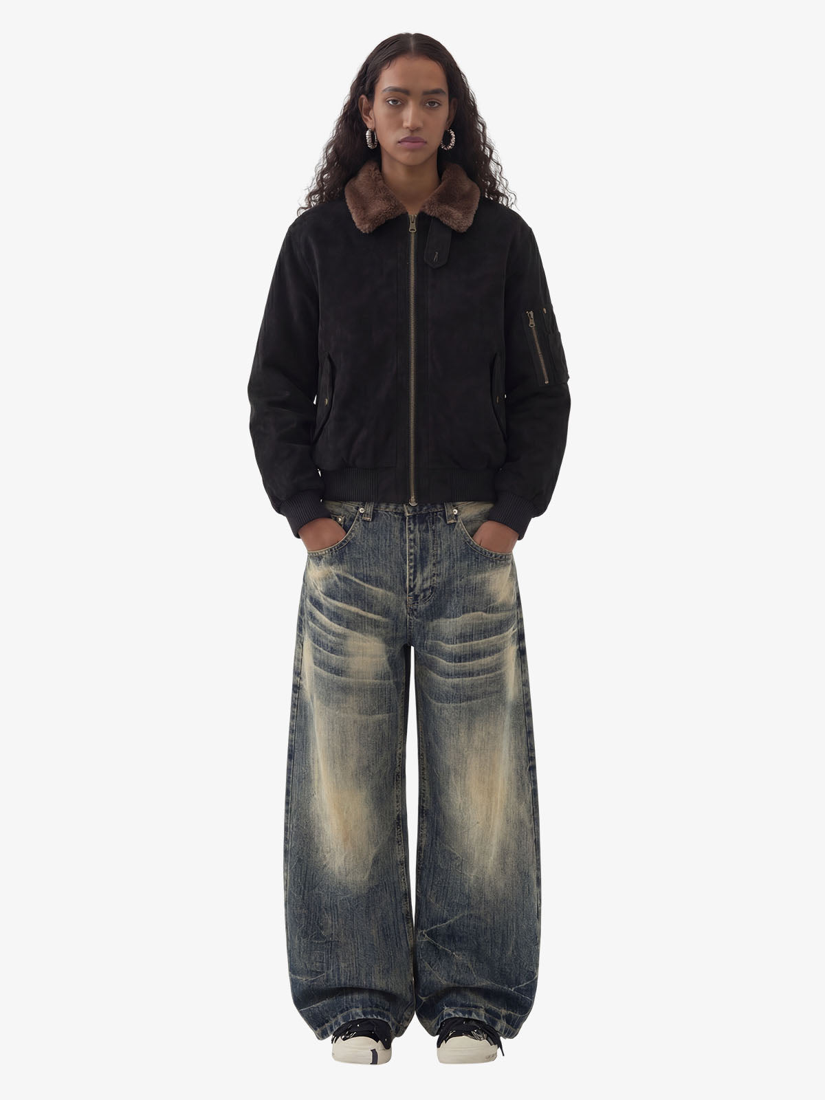 Retro Suede Faux Fur Collar Fleece Lined Bomber Jacket