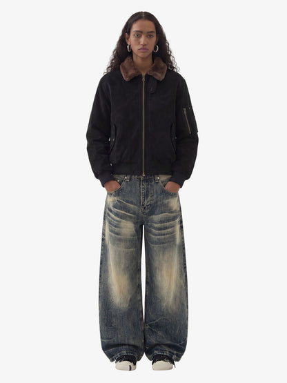 Retro Suede Faux Fur Collar Fleece Lined Bomber Jacket