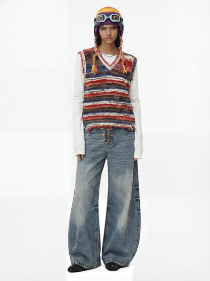 Frayed Edge Striped V Neck Knit Vest