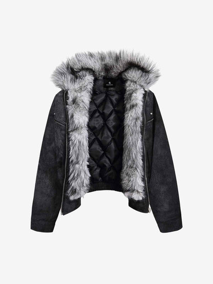 Fur Collar Moto-Style Zip Up Bomber Jacket 