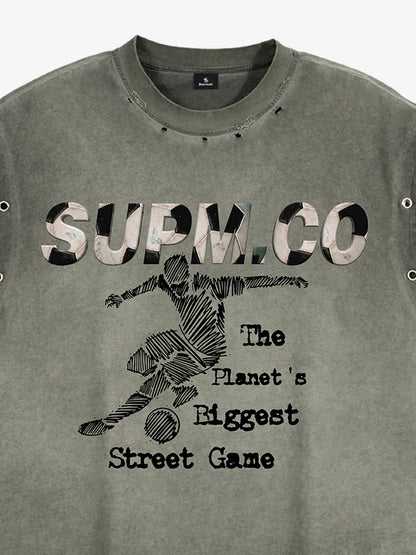 Distressed streetwear style loose sleeveless vest, decorated with a soccer print pattern and distressed and washed details, with metal eyelet details. 