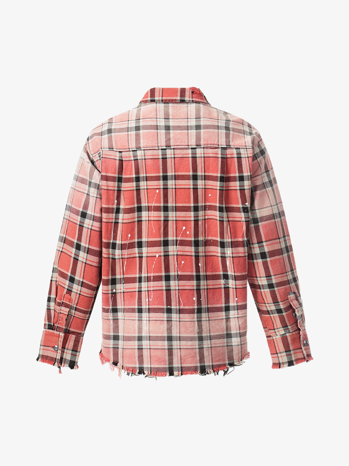 Cotton Plaid Shirt with Paint Splatter Design, Distressed Hem and Pockets, Casual Men's Long Sleeve Button-Up Jacket 
