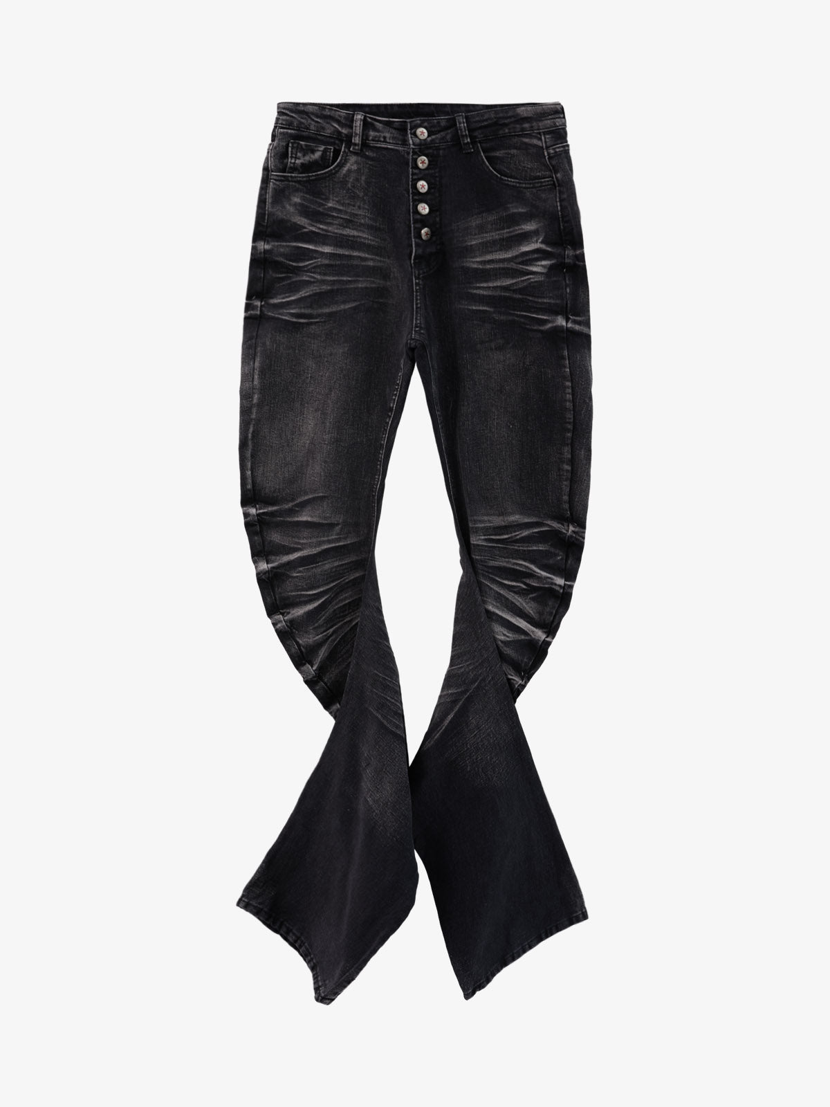 Black Denim Flared Jeans with Button Front High Waist Design?