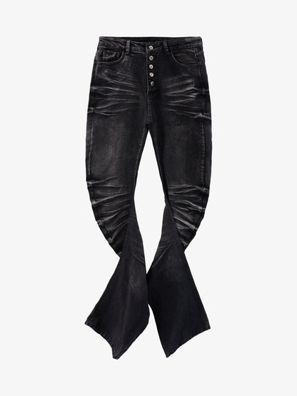 Black Denim Flared Jeans with Button Front High Waist Design?