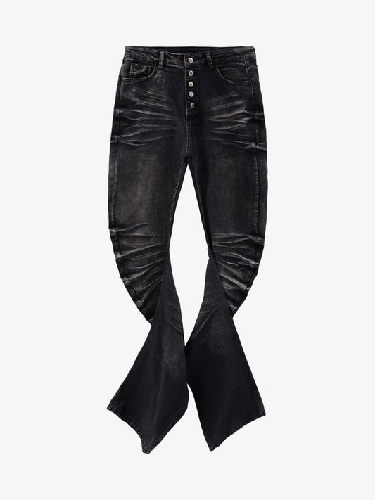 Black Denim Flared Jeans with Button Front High Waist Design?