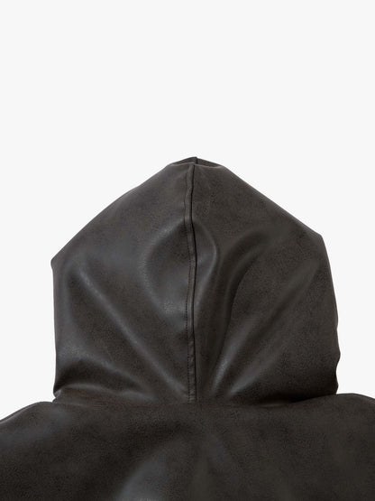 Vintage Faux Fur Hood Lined PU Zip Up Bomber Jacket 