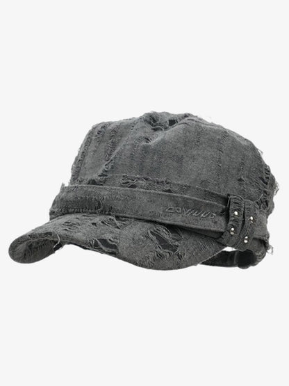 Distressed Cotton Blend Flat Cap with Stud Details for Men and Women?