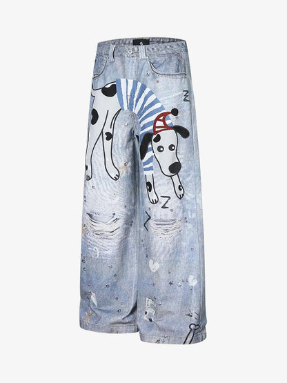 Denim Wide Leg Jeans with Dalmatian Print and Studs, Distressed Design for Streetwear Fashion?