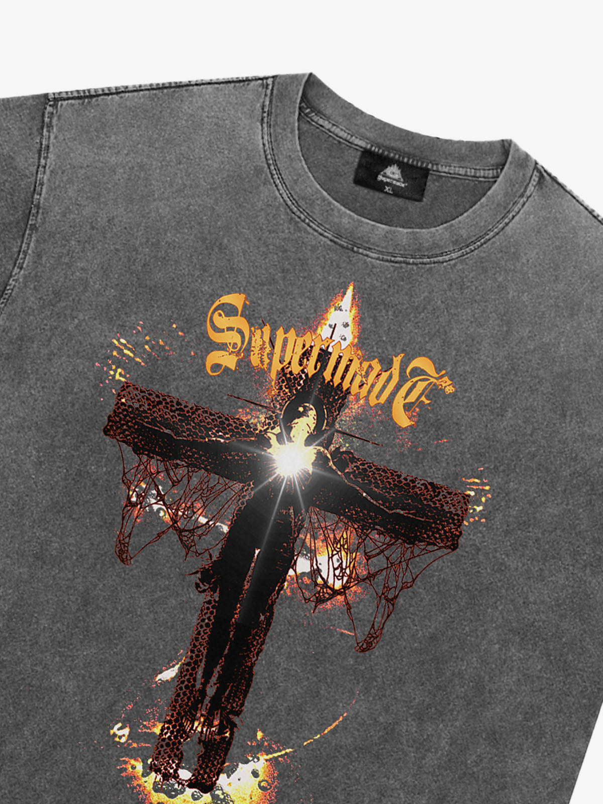THE SUPERMADE Gothic Flame Cross Graphic T-Shirt for Bold Statement Wear 