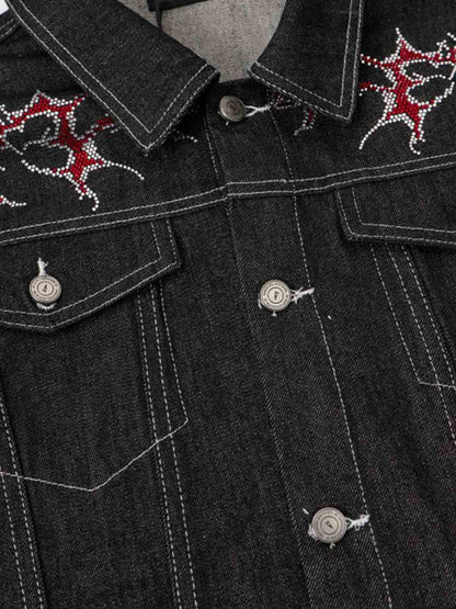 Black Denim Jacket with Red Embroidered Design for Men 