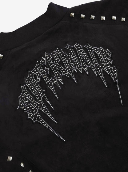 Suede Punk-Style Double-sided zipper Bomber Jacket with Studs Embroidery and Printing Techniques?