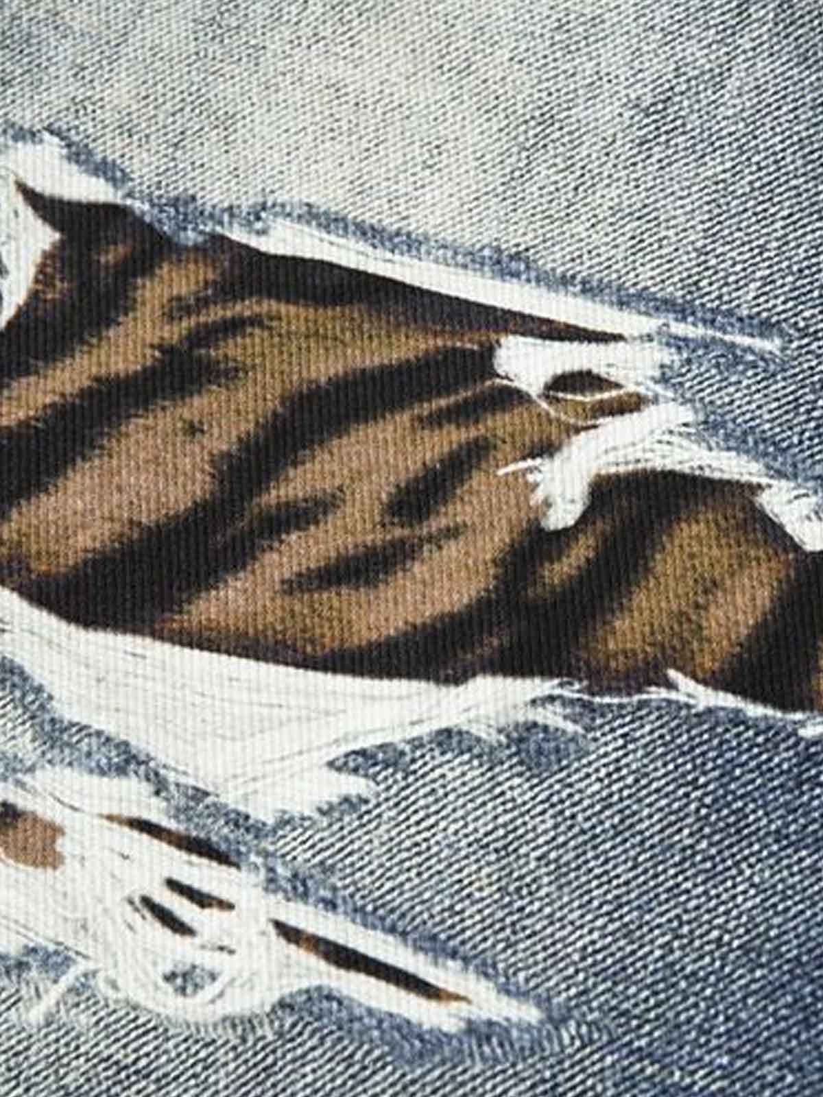 Denim Wide Leg Jeans with Tiger Print Patchwork and Ripped Details?