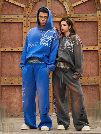 Supermade Vintage Distressed Print Patchwork Sweatshirt Set 