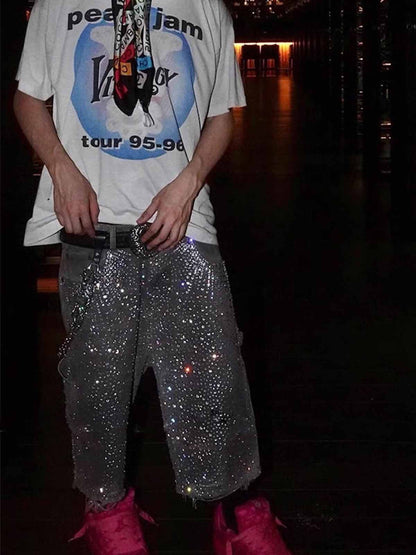 Studded Denim Cargo Shorts for Men with Rhinestone Embellishment, Fashionable Streetwear Style, Distressed Hem Design?