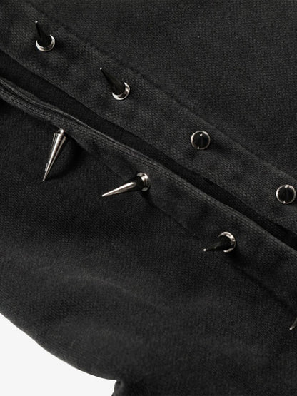 Cotton Blend Punk Style Hooded Zip-Up Sweatshirt with Studs and Pockets?
