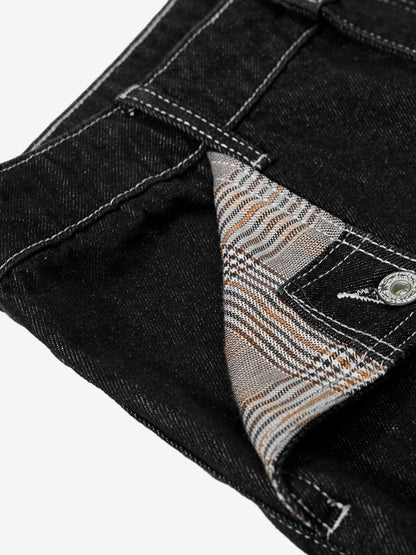 Vintage Plaid-Trim Tape-Belt Jeans 