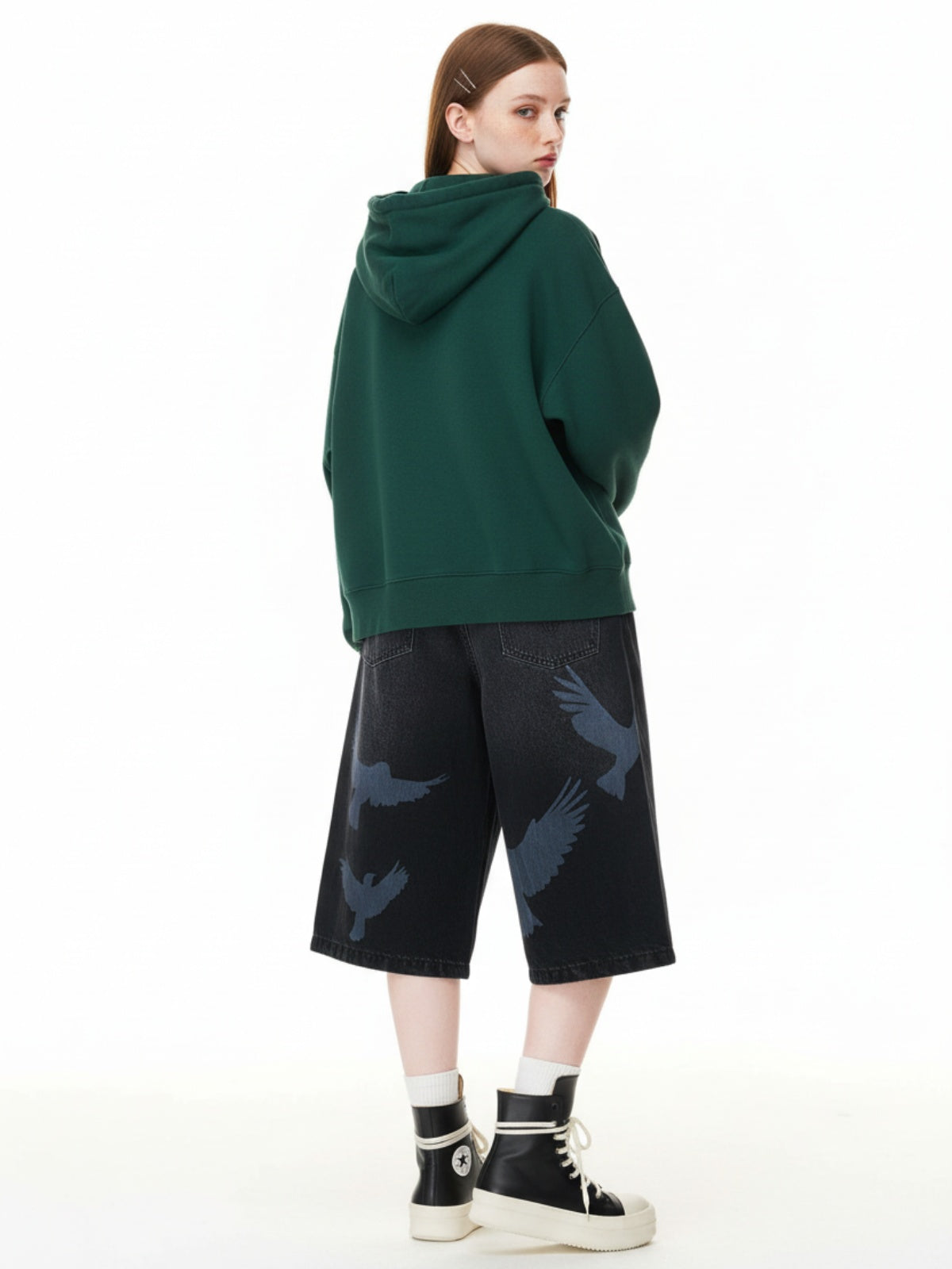 Distressed Dove-Print Denim Jort