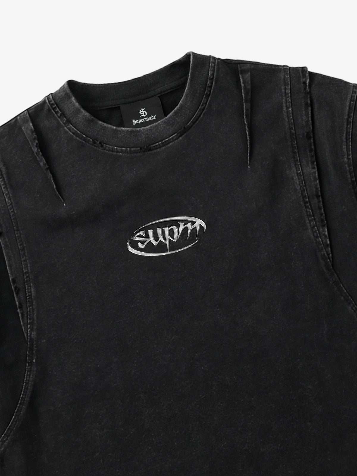 Cotton Blend Oversized T-Shirt with Distressed Denim Panels and Minimalist Logo Design?