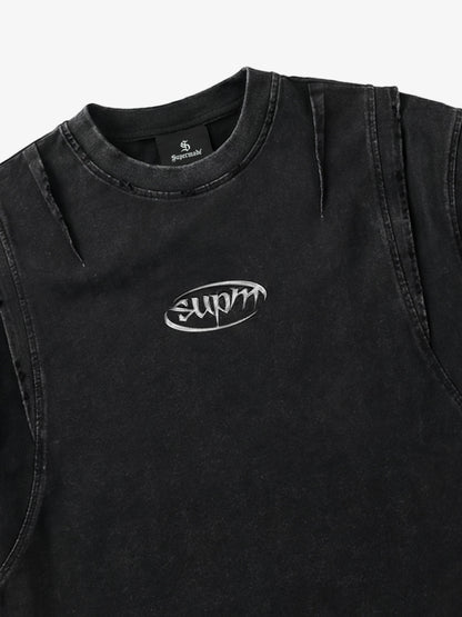 Cotton Blend Oversized T-Shirt with Distressed Denim Panels and Minimalist Logo Design?