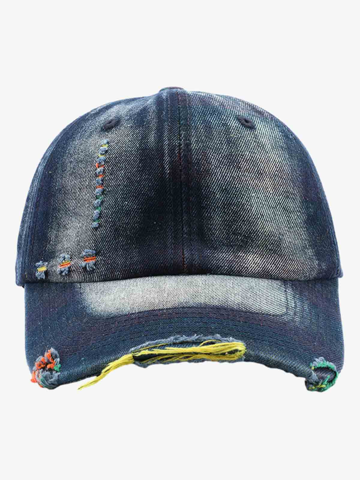 Denim Baseball Cap with Distressed Design and Colorful Stitching for Casual Wear?