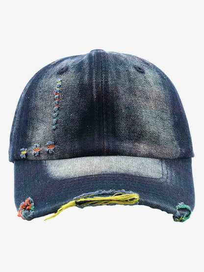 Denim Baseball Cap with Distressed Design and Colorful Stitching for Casual Wear?