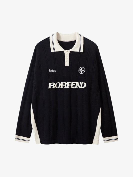 Retro College Polo Collar Knit Sweater 