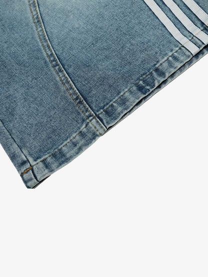 Denim Wide-Leg Biker Shorts with Striped Panel Design?