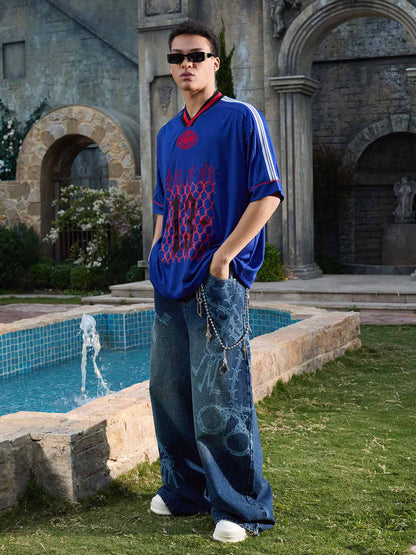 Supermade Color-Blocked V-Neck Embroidered Jersey Short-Sleeved?