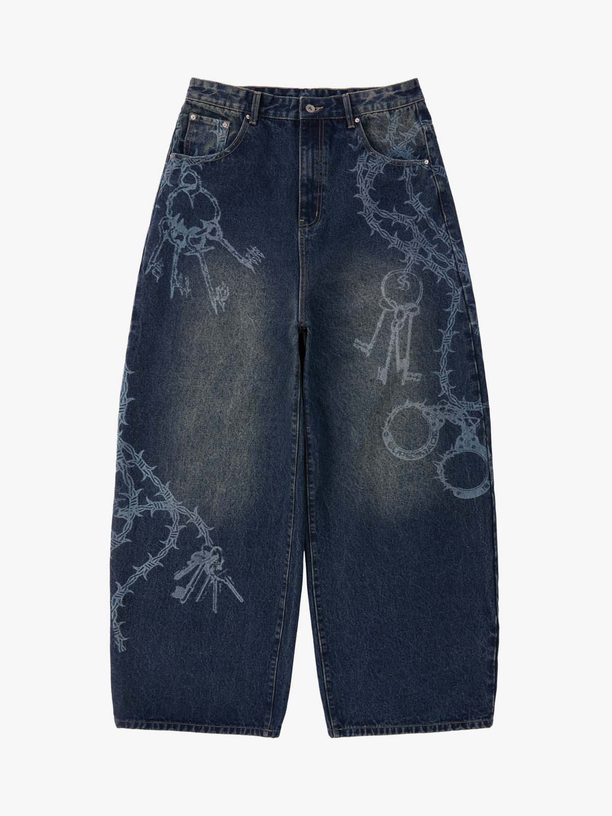 Original Retro Thorn and Key Pattern Laser-Burnout Baggy Jeans 