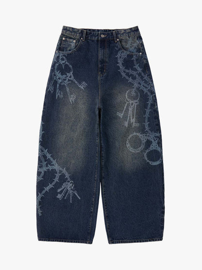 Original Retro Thorn and Key Pattern Laser-Burnout Baggy Jeans 