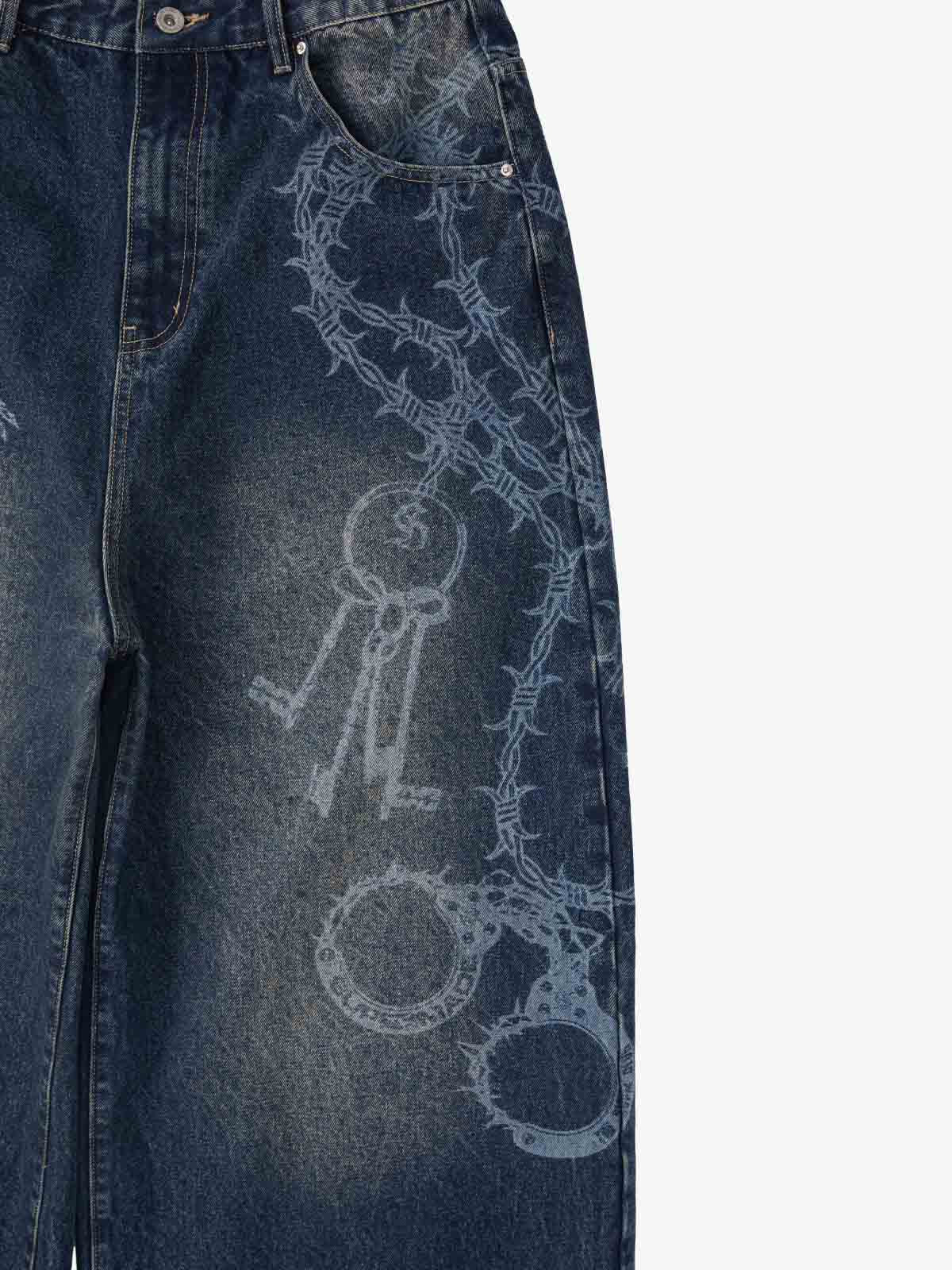 Original Retro Thorn and Key Pattern Laser-Burnout Baggy Jeans 