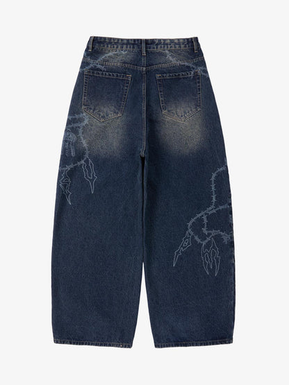 Original Retro Thorn and Key Pattern Laser-Burnout Baggy Jeans 