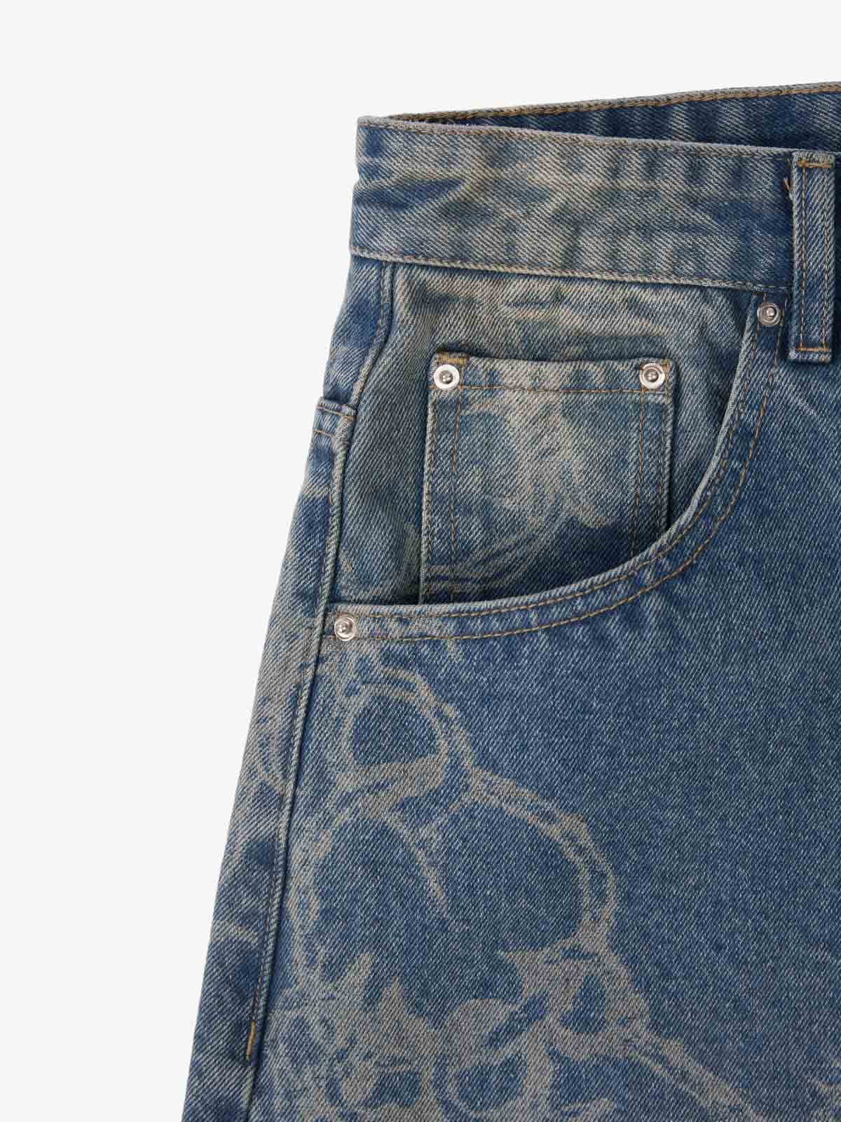 Original Retro Thorn and Key Pattern Laser-Burnout Baggy Jeans 