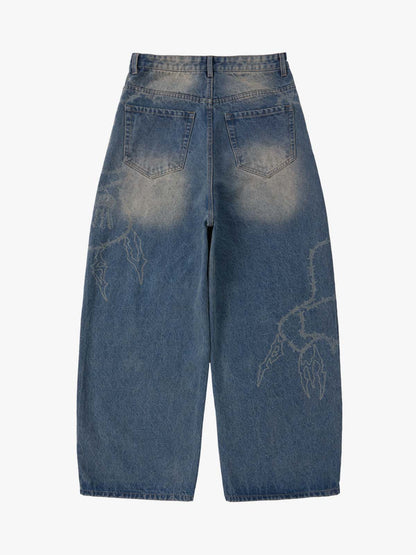 Original Retro Thorn and Key Pattern Laser-Burnout Baggy Jeans 