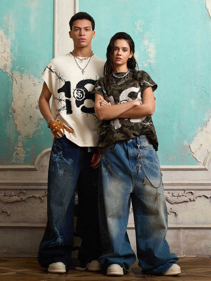 Supermade Thorn and Key Pattern Laser-Burnout Retro Baggy Jeans 