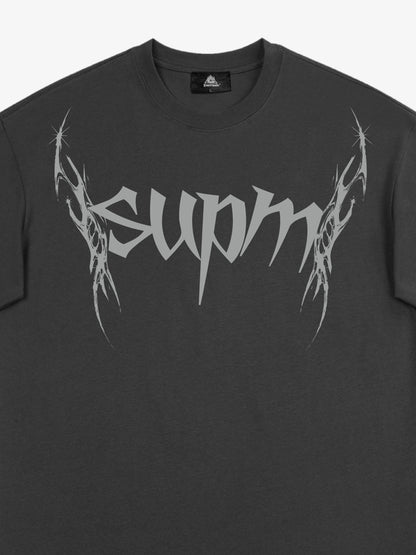 THE SUPERMADE Futuristic spiked pattern gothic style logo font design T-shirts 